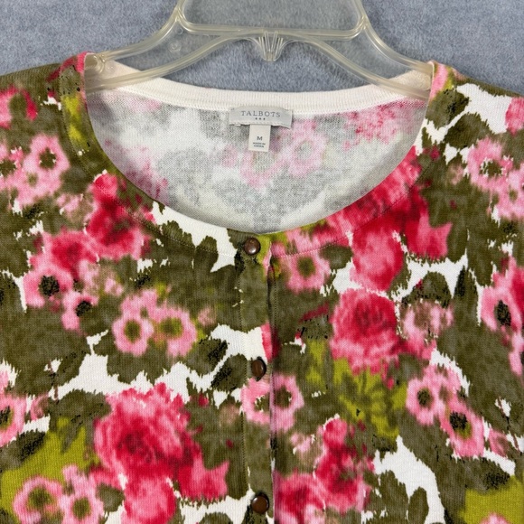 Talbots M Cardigan Sweater Watercolor Floral Roses 100% Cotton 3/4 Sleeve - Picture 3 of 9